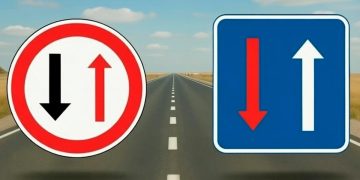 Sinais de trânsito B5 e B6 lado a lado numa via estreita mostrando cedência e prioridade de passagem