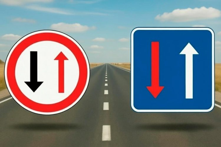 Sinais de trânsito B5 e B6 lado a lado numa via estreita mostrando cedência e prioridade de passagem