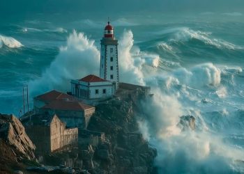 Mar agitado e céu nublado na costa portuguesa