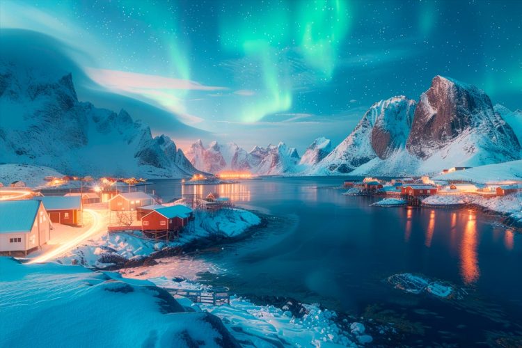 Vista aérea da Gronelândia coberta de gelo com base militar e paisagem ártica