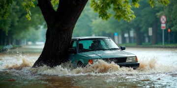 Nuvens escuras, chuva intensa e ondas gigantes a bater na costa portuguesa durante tempestade de inverno
