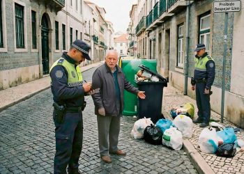 Contentores de lixo na rua com fiscalização policial municipal em zona urbana de Famalicão