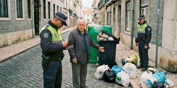 Contentores de lixo na rua com fiscalização policial municipal em zona urbana de Famalicão