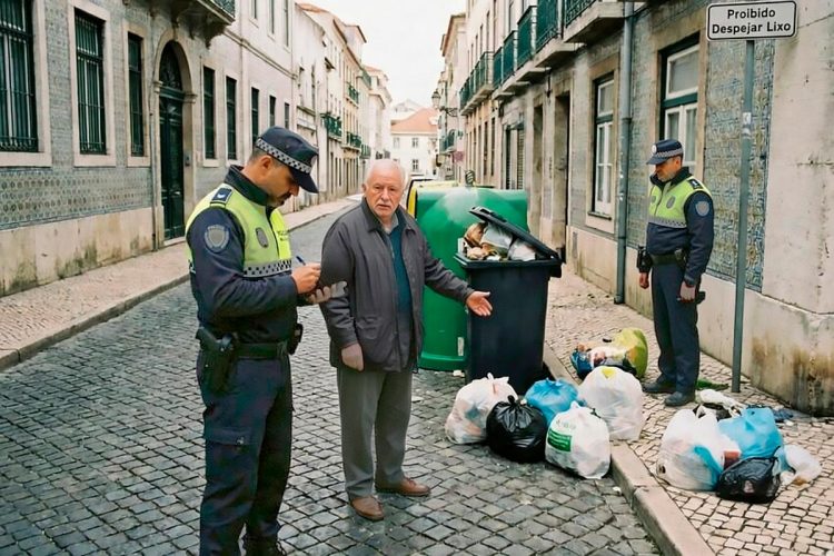 Contentores de lixo na rua com fiscalização policial municipal em zona urbana de Famalicão