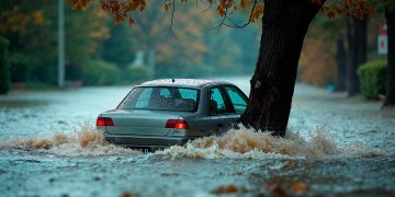 chuva intensa e mar revolto na costa portuguesa durante tempestade com céu escuro