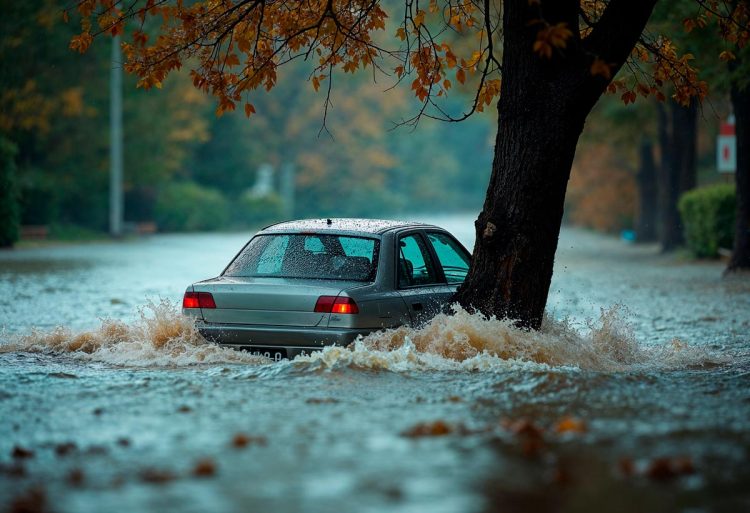 chuva intensa e mar revolto na costa portuguesa durante tempestade com céu escuro