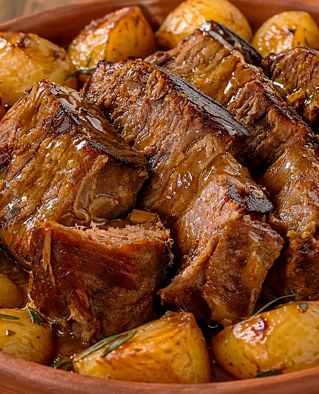 Carne assada suculenta com batata assada. Nunca sobra!