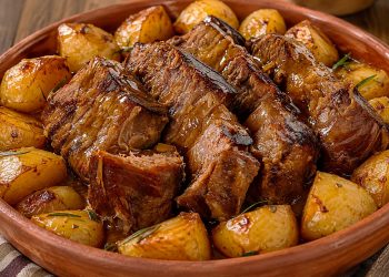 Carne assada suculenta com batata assada. Nunca sobra!