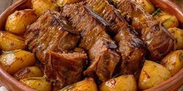 Carne assada suculenta com batata assada. Nunca sobra!