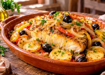 Bacalhau à Minhota: receita tradicional com batata, pimento e vinho verde