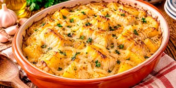 Bacalhau à Maria da Fonte com batatas douradas e molho de Vinho do Porto