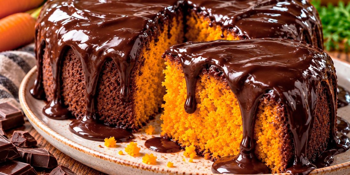 Bolo de cenoura com cobertura de chocolate: húmido, fofinho e irresistível