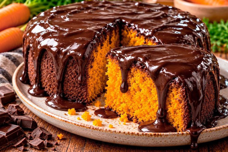 Bolo de cenoura com cobertura de chocolate: húmido, fofinho e irresistível