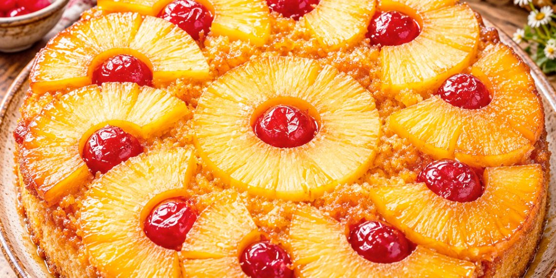 Bolo de ananás com caramelo húmido e fofo