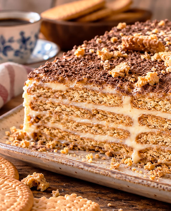 Bolo de Bolacha tradicional: receita com café e creme de manteiga Bolo de Bolacha tradicional