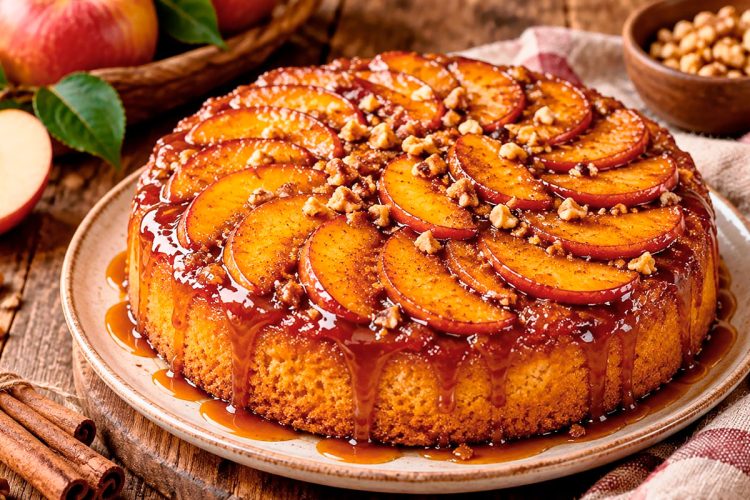 Bolo de Maçã caramelizado: húmido, fofinho e perfumado com canela Bolo de Maçã caramelizado