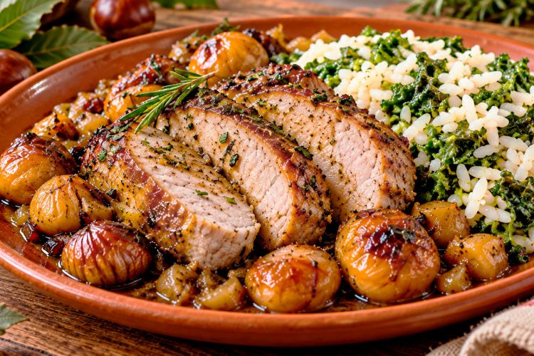 Lombo de Porco com castanhas e arroz de grelos: uma receita portuguesa cheia de sabor Lombo de Porco com castanhas e arroz de grelos: uma receita portuguesa cheia de sabor