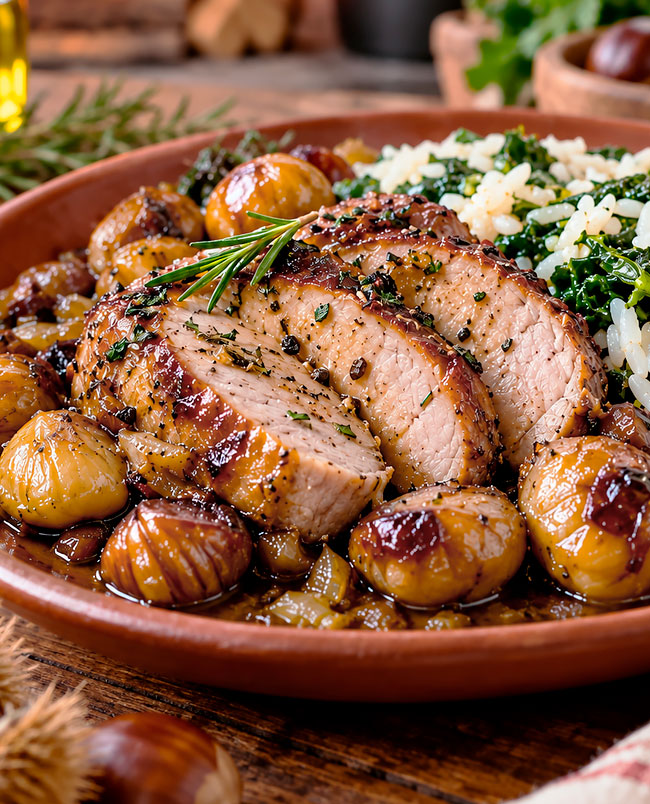 Lombo de Porco com castanhas e arroz de grelos: uma receita portuguesa cheia de sabor Lombo de Porco com castanhas e arroz de grelos