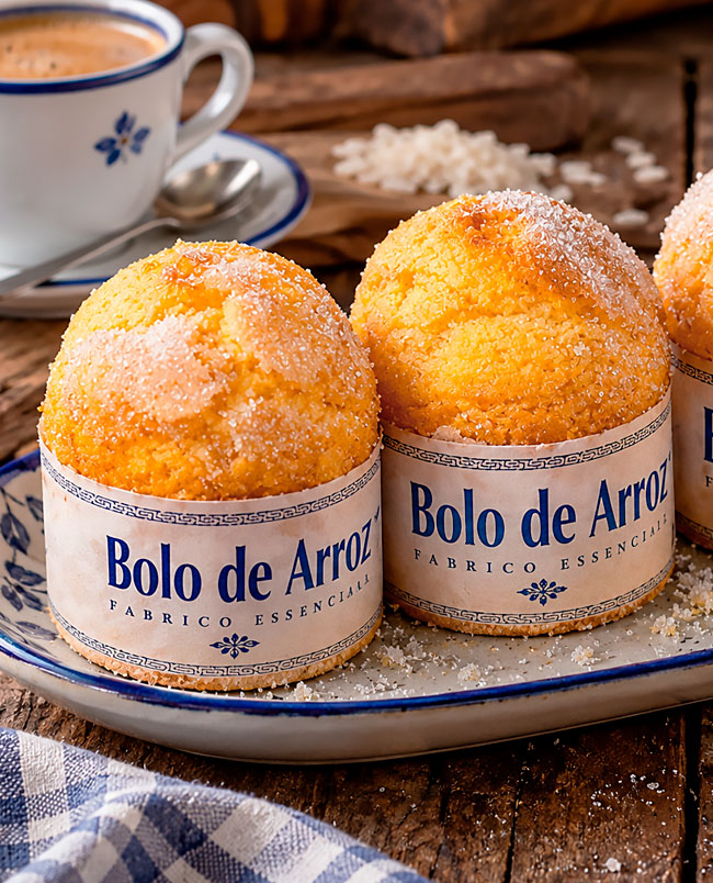 Bolos de arroz tradicionais: fofos, dourados e com açúcar por cima Bolos de arroz tradicionais