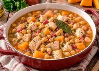 Frango guisado com grão-de-bico