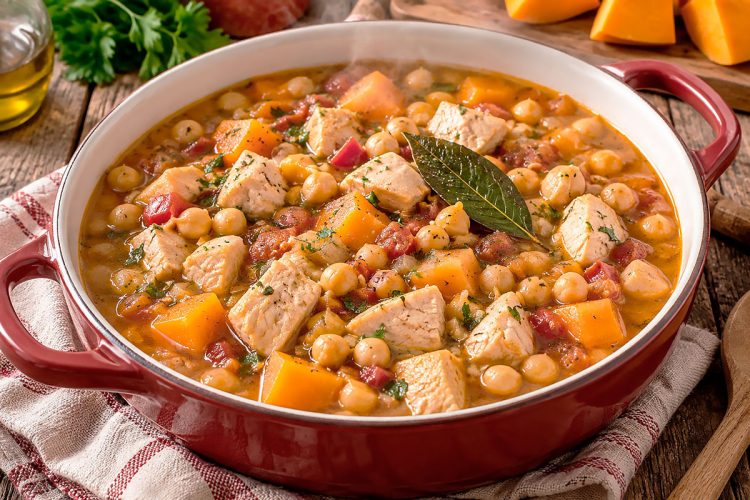 Frango guisado com grão-de-bico