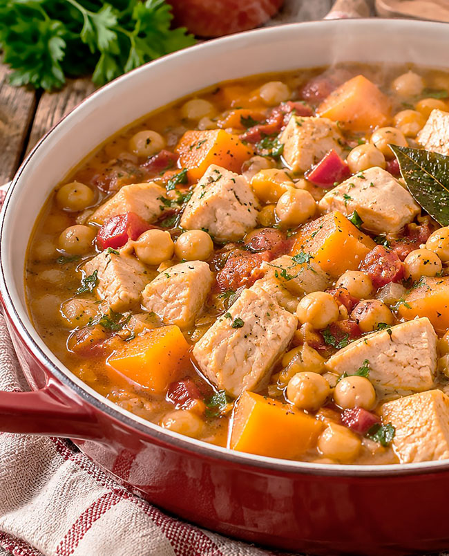 Frango guisado com grão-de-bico