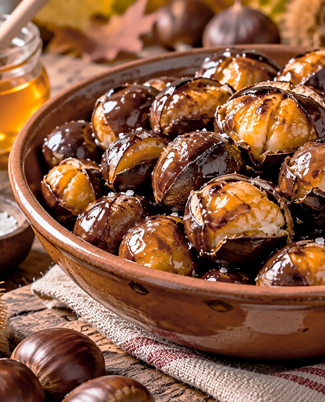Castanhas assadas com mel e manteiga